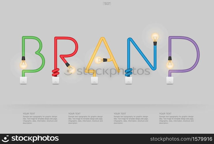 ""BRAND" Abstract linear alphabet of light bulb and light switch on gray background. Lamp and switch with area for infographic and text. Vector illustration."