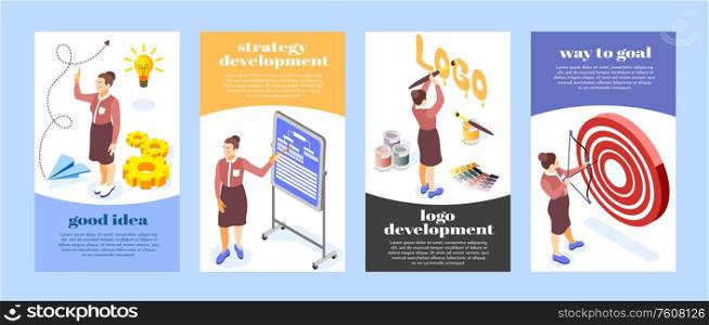 Brand building creative ideas logo design setting goals development strategy 4 isometric vertical posters set vector illustration