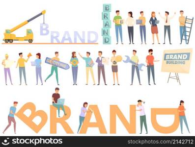 Brand building icons set cartoon vector. Company identity. People reputation. Brand building icons set cartoon vector. Company identity