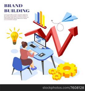 Brand building ideas isometric background composition with women analyzing revenue growth diagram on computer screen vector illustration