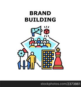 Brand Building Vector Icon Concept. Brand Building Businessman And Corporate Company Occupation. Entrepreneur Developing Strategy For Startup And Product Production Color Illustration. Brand Building Vector Concept Color Illustration