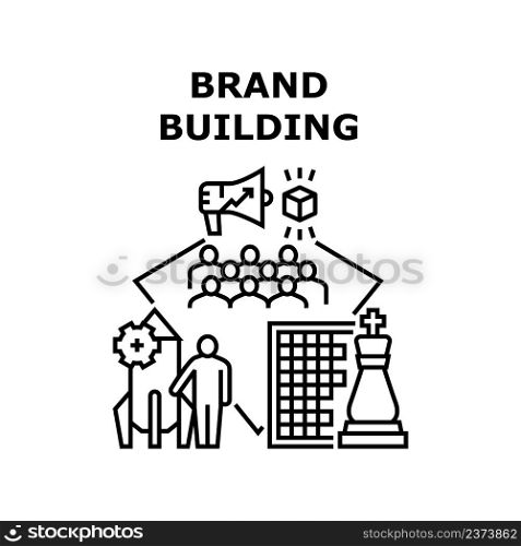 Brand Building Vector Icon Concept. Brand Building Businessman And Corporate Company Occupation. Entrepreneur Developing Strategy For Startup And Product Production Black Illustration. Brand Building Vector Concept Black Illustration