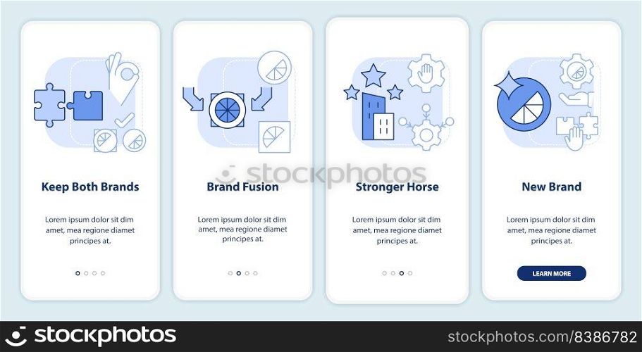 Brand consolidation light blue onboarding mobile app screen. Walkthrough 4 steps editable graphic instructions with linear concepts. UI, UX, GUI template. Myriad Pro-Bold, Regular fonts used. Brand consolidation light blue onboarding mobile app screen