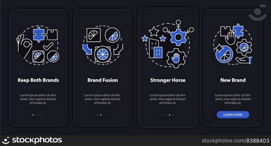Brand consolidation night mode onboarding mobile app screen. Walkthrough 4 steps editable graphic instructions with linear concepts. UI, UX, GUI template. Myriad Pro-Bold, Regular fonts used. Brand consolidation night mode onboarding mobile app screen
