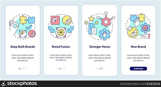 Brand consolidation strategies onboarding mobile app screen. Mergering walkthrough 4 steps editable graphic instructions with linear concepts. UI, UX, GUI template. Myriad Pro-Bold, Regular fonts used. Brand consolidation strategies onboarding mobile app screen