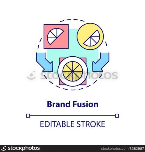 Brand fusion concept icon. Combine identities. Brand consolidation strategy abstract idea thin line illustration. Isolated outline drawing. Editable stroke. Arial, Myriad Pro-Bold fonts used. Brand fusion concept icon