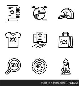 Brand icon set. Outline set of 9 brand vector icons for web design isolated on white background. Brand icon set, outline style