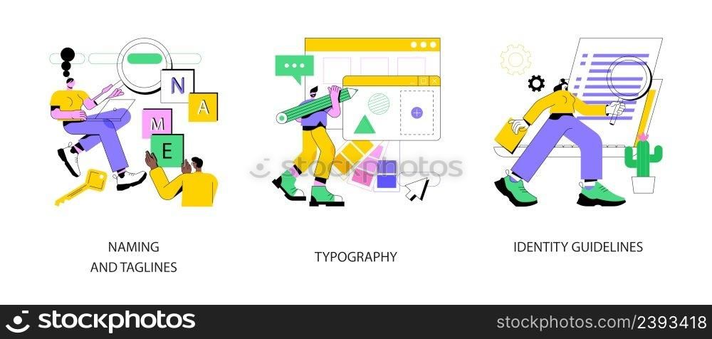 Brand identity abstract concept vector illustration set. Naming and taglines, typography and identity guidelines, product slogan copywriting, web design, frontend development, CSS abstract metaphor.. Brand identity abstract concept vector illustrations.