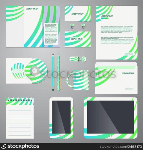 Brand identity company style template in fresh organic turquoise blue and green demonstrated on mobile devices  office supplies and stationery for eco or bio businesses