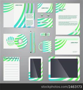 Brand identity company style template in fresh organic turquoise blue and green demonstrated on mobile devices  office supplies and stationery for eco or bio businesses