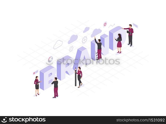 Brand isometric color vector illustration. Employers working on branding design infographic. Company product development 3d concept. Marketing and business strategy. Webpage, mobile app design. Brand isometric color vector illustration
