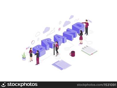 Brand isometric color vector illustration. Employers working on branding design infographic. Marketing and business strategy. Company product development 3d concept. Webpage, mobile app design. Brand isometric color vector illustration