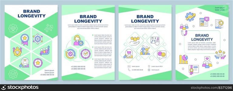Brand longevity green brochure template. Marketing strategy. Leaflet design with linear icons. Editable 4 vector layouts for presentation, annual reports. Arial-Black, Myriad Pro-Regular fonts used. Brand longevity green brochure template