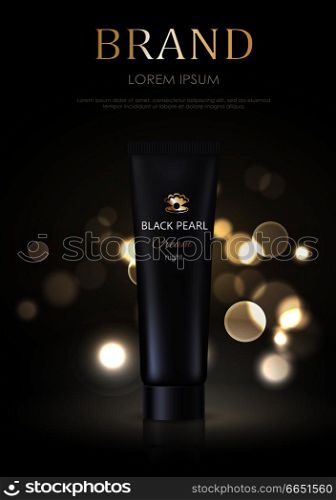 Brand name poster with black pearl night face or hand cream in bottle daily care moisturization nourishment vector illustration isolated realistic tube. Brand Name Poster Black Pearl Night Face Cream