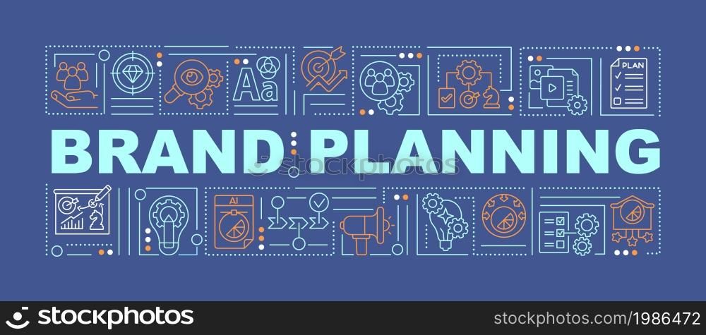 Brand planning dark blue word concepts banner. Promoting business. Infographics with linear icons on blue background. Isolated creative typography. Vector outline color illustration with text. Brand planning dark blue word concepts banner