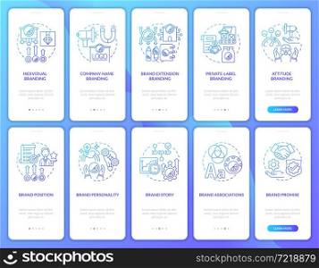 Brand planning gradient onboarding mobile app page screen set. Business strategy walkthrough 5 steps graphic instructions with concepts. UI, UX, GUI vector template with linear color illustrations. Brand planning gradient onboarding mobile app page screen set