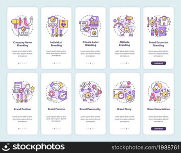 Brand planning onboarding mobile app page screen set. Business strategy walkthrough 5 steps graphic instructions with concepts. UI, UX, GUI vector template with linear color illustrations. Brand planning onboarding mobile app page screen set