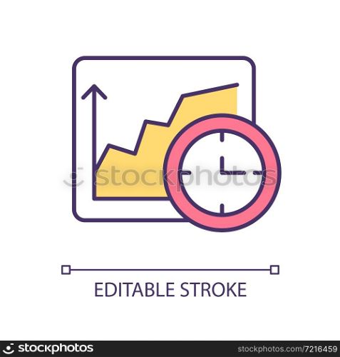 Brand planning RGB color icon. Tracking graph growth over time period. Monitoring increasing charts. Improving statistics. Isolated vector illustration. Simple filled line drawing. Editable stroke. Brand planning RGB color icon