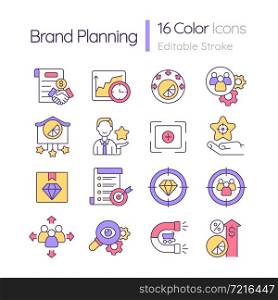 Brand planning RGB color icons set. Marketing strategy. Corporate values. Performance efficiency. Isolated vector illustrations. Simple filled line drawings collection. Editable stroke. Brand planning RGB color icons set