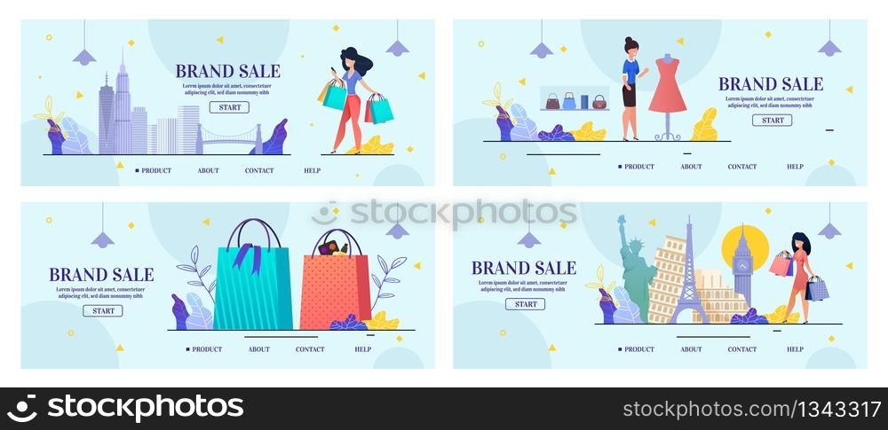Brand Sale Landing Page Set for Woman Shopping via Internet. World Promoting Company Credibility. Cosmetics, Perfumery and Fashion Clothes Online Order. Vector Illustration in Flat Cartoon Design. Brand Sale Landing Page Set for Woman Shopping