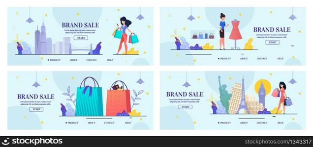 Brand Sale Landing Page Set for Woman Shopping via Internet. World Promoting Company Credibility. Cosmetics, Perfumery and Fashion Clothes Online Order. Vector Illustration in Flat Cartoon Design. Brand Sale Landing Page Set for Woman Shopping