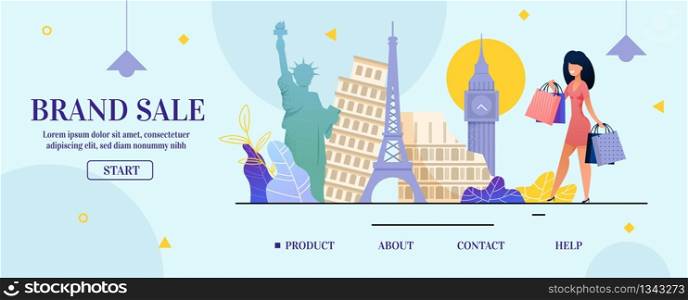 Brand Sale Promoting Landing Page for Online Shop. Happy Female Cartoon Character Stands with Paper Bags on World Landmarks. Increasing Clients Loyalty. Marketing Management. Vector Flat Illustration. Brand Sale Promoting Landing Page for Online Shop
