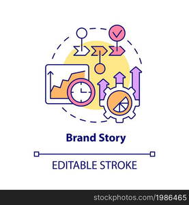 Brand story concept icon. Narrative advertising for company. Business narrative. Brand planning abstract idea thin line illustration. Vector isolated outline color drawing. Editable stroke. Brand story concept icon