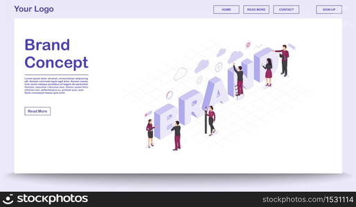 Brand webpage vector template with isometric illustration. Business plan. Corporate strategy development. Marketing team. Branding identity. Website interface design. Webpage, mobile app 3d concept. Brand webpage vector template with isometric illustration