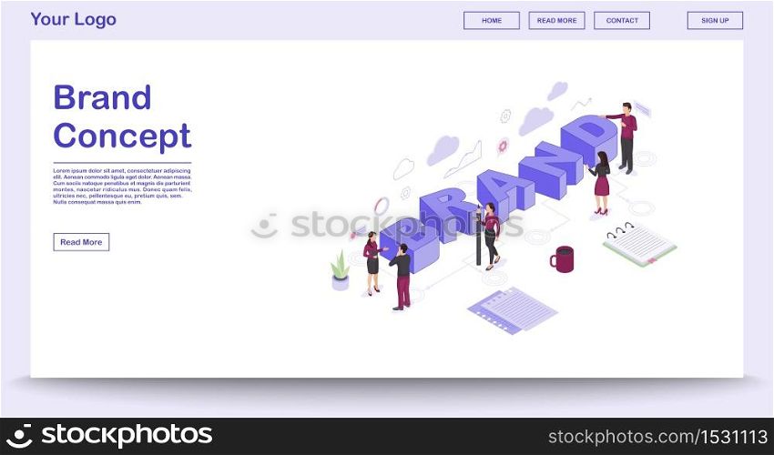 Brand webpage vector template with isometric illustration. Marketing team. Corporate logo, branding identity. Business strategy development. Website interface design. Webpage, mobile app 3d concept. Brand webpage vector template with isometric illustration