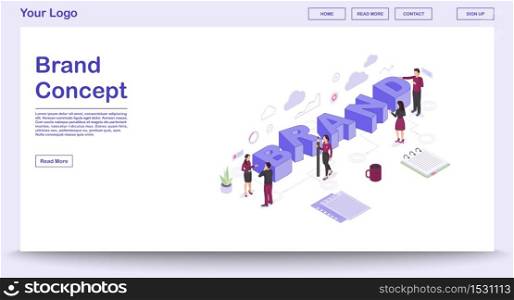Brand webpage vector template with isometric illustration. Marketing team. Corporate logo, branding identity. Business strategy development. Website interface design. Webpage, mobile app 3d concept. Brand webpage vector template with isometric illustration