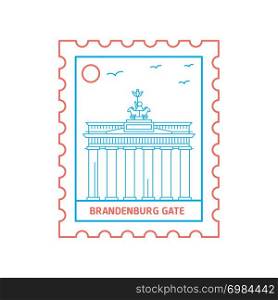 BRANDENBURG GATE postage stamp Blue and red Line Style, vector illustration
