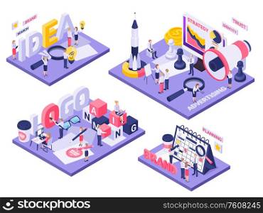 Branding concept 4 isometric compositions with logo identity creating ideas planning launch spacecraft chessman symbols vector illustration