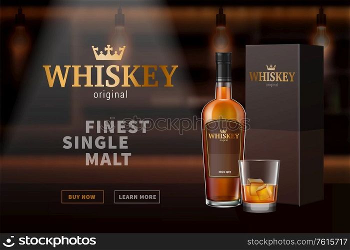 Brandy cognac whiskey glass bottles banner with text clickable buttons and images of alcohol gift set vector illustration