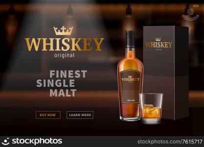 Brandy cognac whiskey glass bottles banner with text clickable buttons and images of alcohol gift set vector illustration