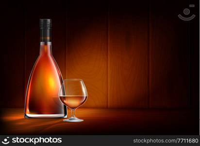 Brandy cognac whiskey glass bottles realistic composition with wooden walls and stylish glowing bottle with glass vector illustration. Glowing Cognac Realistic Composition