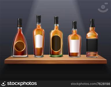 Brandy cognac whiskey set of realistic glass bottles of different shape on wooden shelf with labels vector illustration