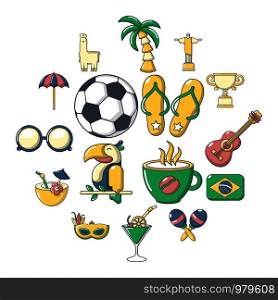 Brasil travel icons set. Cartoon illustration of 16 Brasil travel vector icons for web. Brasil travel icons set, cartoon style