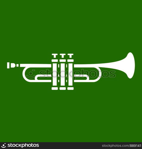 Brass trumpet icon white isolated on green background. Vector illustration. Brass trumpet icon green