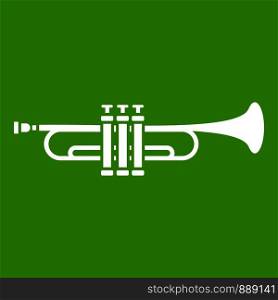 Brass trumpet icon white isolated on green background. Vector illustration. Brass trumpet icon green