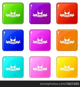 Brassiere summer icons set 9 color collection isolated on white for any design. Brassiere summer icons set 9 color collection