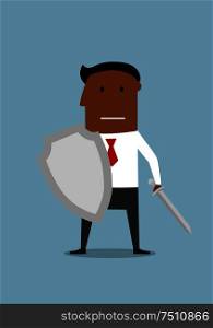 Brave businessman warrior with shield and sword ready for defense. Security, business battle or financial protection concept. Businessman with shield protecting a business