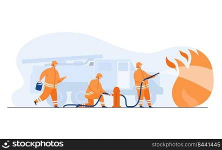 Brave firefighters firefighting with flame flat vector illustration. Cartoon firemen wearing uniform and helmets. Fire department, emergency service and safety concept