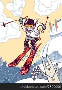 Brave Ski Freerider. The newschool skier is sliding down and jumping from the snow cliffs.
