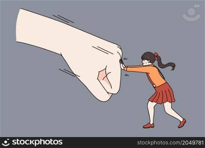 Brave small girl child fight huge fist protest against domestic violence or abuse. Decisive courageous kid protect from bullying and harassment. Children care and protection. Vector illustration. . Brave small girl fight huge fist