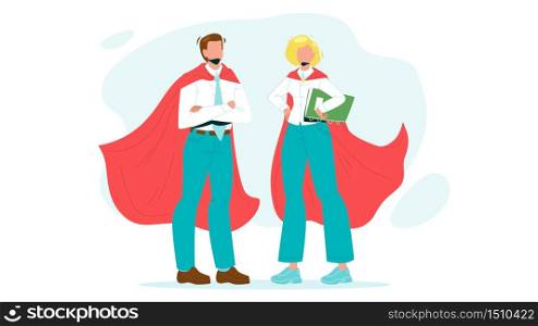 Bravery Super Heroes Courage Man And Woman Vector. Bravery Boy Businessman And Girl Businesswoman Wearing Super Hero Costume And Red Cape. Daring Characters Flat Cartoon Illustration. Bravery Superheroes Courage Man And Woman Vector
