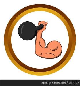 Brawny arm with dumbbell vector icon in golden circle, cartoon style isolated on white background. Brawny arm with dumbbell vector icon