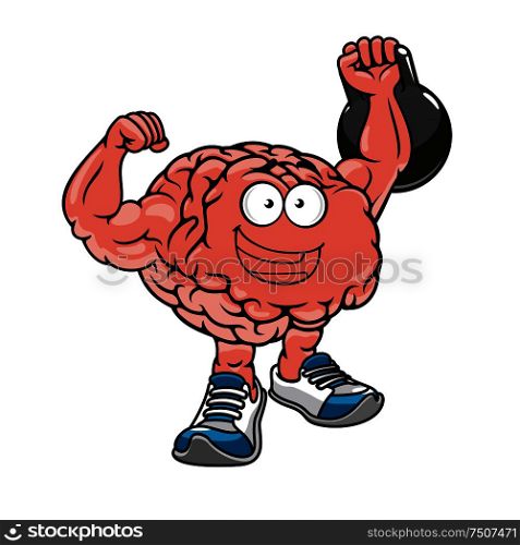 Brawny cartoon brain with muscles lifting weights and cheering, for sports concept design. Brawny brain with muscles lifting weights