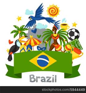 Brazil background with stylized objects and cultural symbols. Brazil background with stylized objects and cultural symbols.