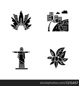 Brazil black glyph icons set on white space. Crown with plumage. South America cityscape. Christ the Redeemer. Religion sculpture. Rio de Janeiro. Silhouette symbols. Vector isolated illustration