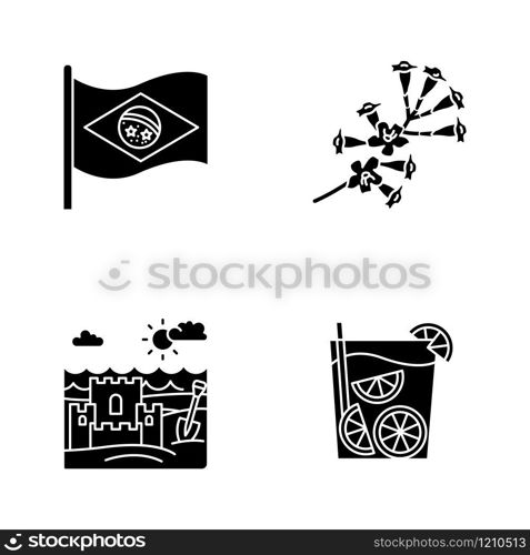 Brazil black glyph icons set on white space. National flag. Plumeria. Caipirinha. Sand castle on coast. Ipe tree. Traditional cocktail. Ocean beach. Silhouette symbols. Vector isolated illustration